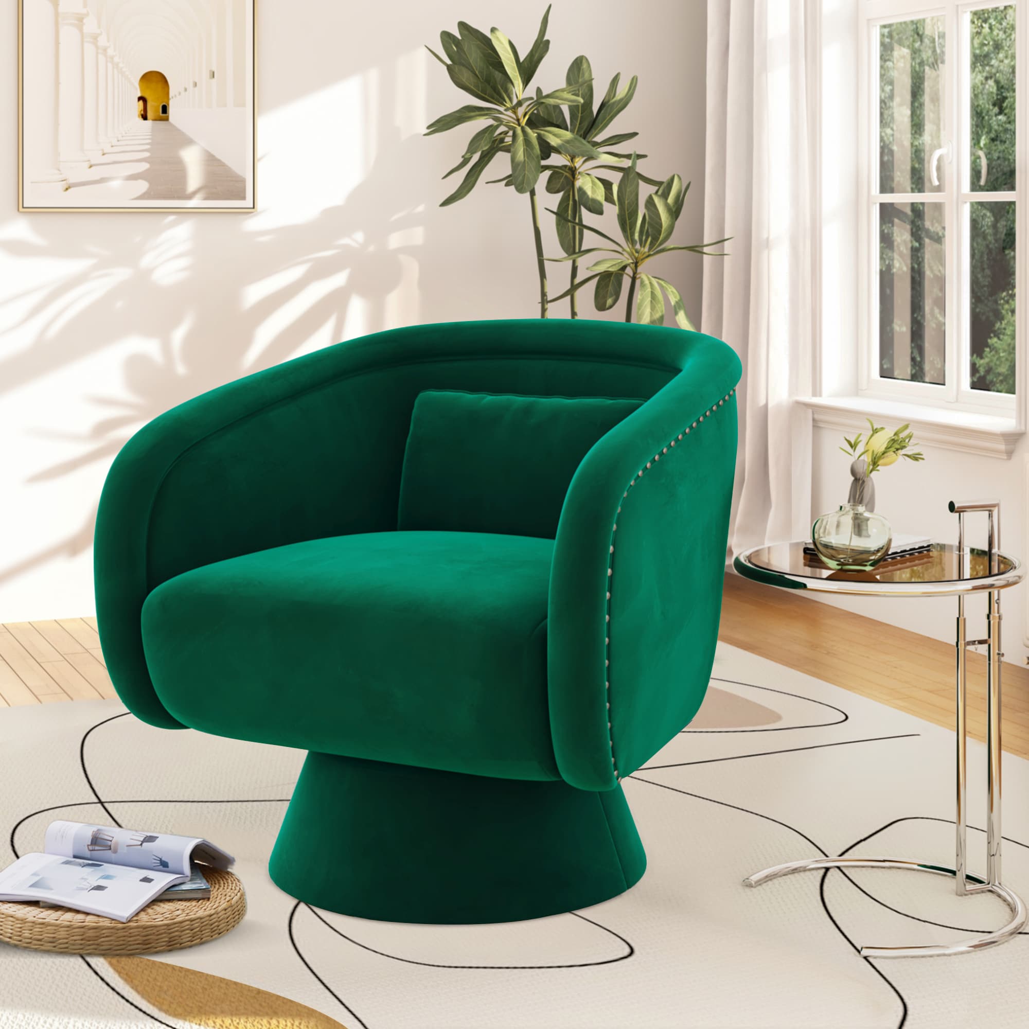 Mid Century Green Swivel Accent Chairs With 360 Degree Rotation, Round Sofa Chairs, Upholstered Armchairs With Lumbar Pillow, Barrel Chair For Living Room, Bedroom, Reading Room, Waiting Room_voghion.com